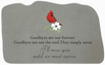 Gray memorial plaque with a red cardinal and white flower graphic
