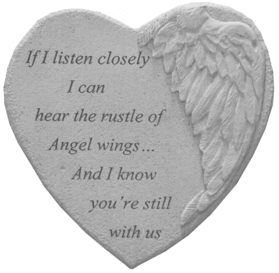 Heart-shaped memorial plaque with angel wings and engraved text
