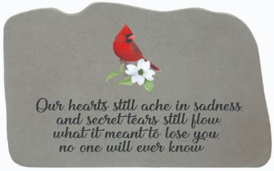 Gray memorial plaque with a red cardinal and white flower graphic