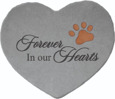 Gray heart-shaped memorial stone with "Forever In our Hearts" text and a paw print