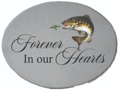 Gray memorial plaque with a fish and the words Forever In our Hearts