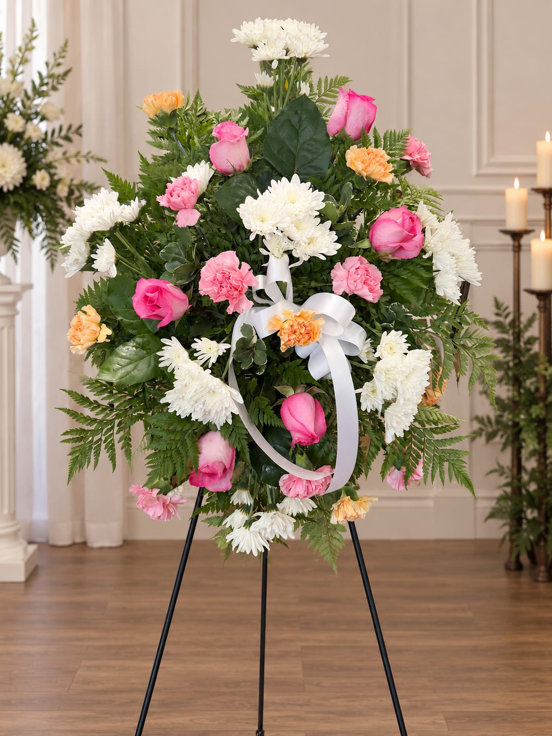 Standing floral wreath with pink and white flowers on an easel