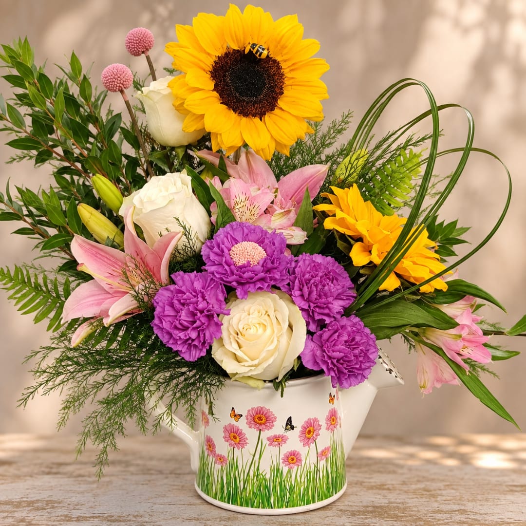 Mixed bouquet in a white floral teapot with sunflowers, roses, lilies, and purple carnations