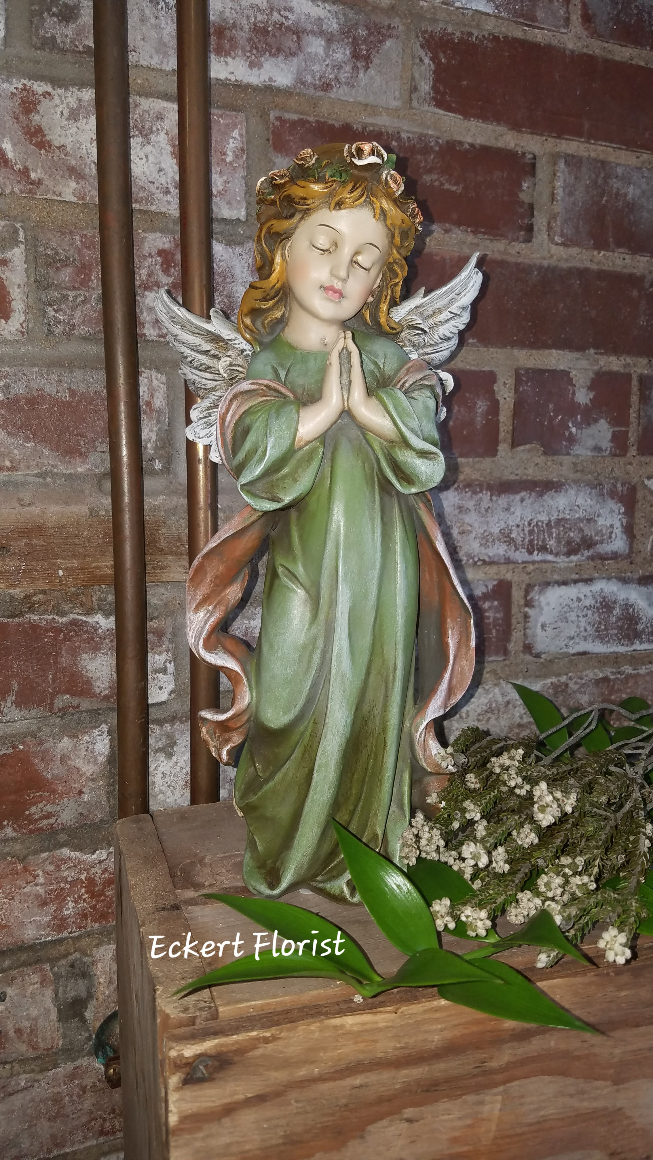 Eckert Florist's Colorful Praying Angel - Resin angel measures approx. 6.25" W X 12.5" H. *LOCAL DELIVERY ONLY