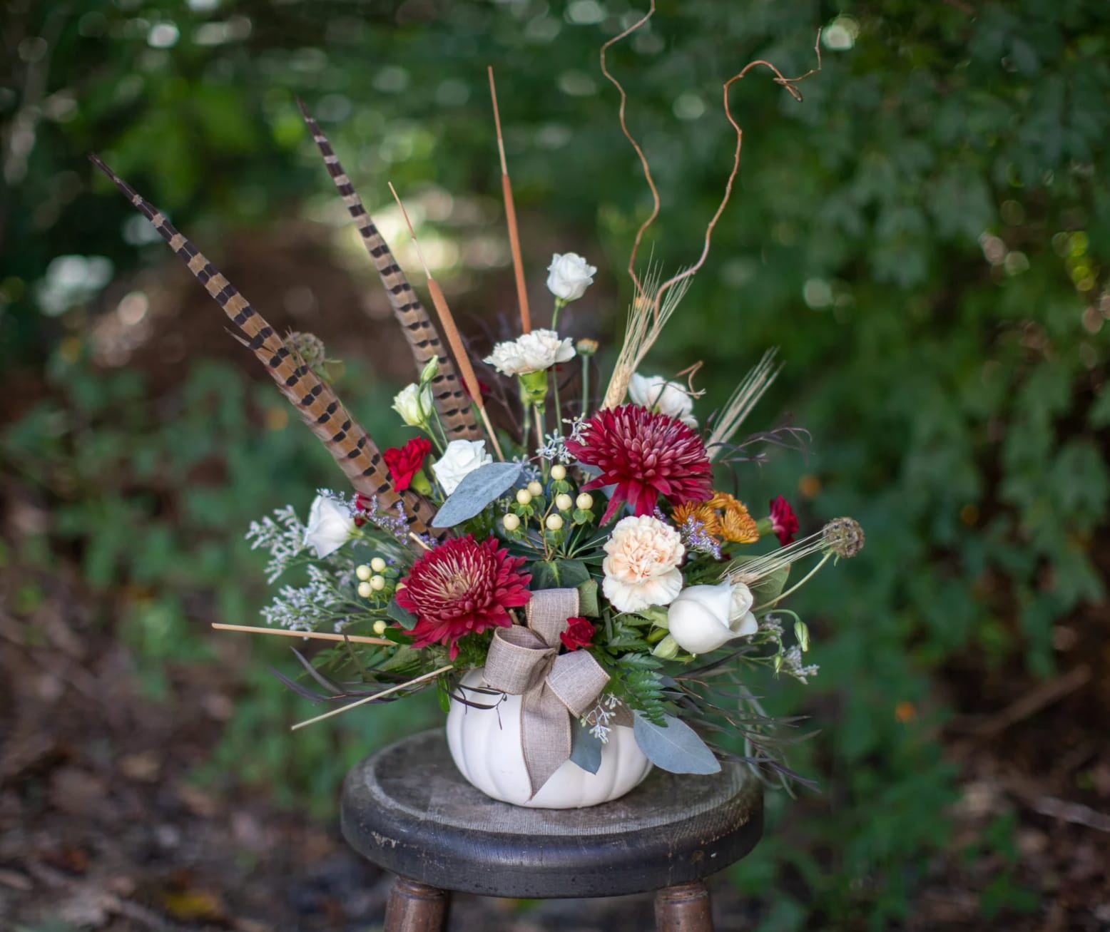 Pearly Pumpkin - Arranged in an elegant matte finish ivory pumpkin are autumnal classics and textural elements galore. Seasonal cremons in varying fall shades with lovely roses, hypericum berries, and softer muted hues compliment the seasonal delight. Pheasant feathers, natural dried wheat, twisting curly willow magnify the feelings of fall around this custom design. Colors may vary slightly from photo. Upgrades will include the implementation of more premium grade blooms (like roses, lisianthus, calla lily, scoop scabiosa ect.) and textural elements. Design is one sided in orientation. Height is dependent on curly willow and pheasant feather length. Generally the floral artwork is approximately 22-24 inches tall from container base. Keepsake pumpkin container measures about 4.5 inches by 6.5 inches. Pumpkin container also available in orange. Please indicate color choice in special instructions.
