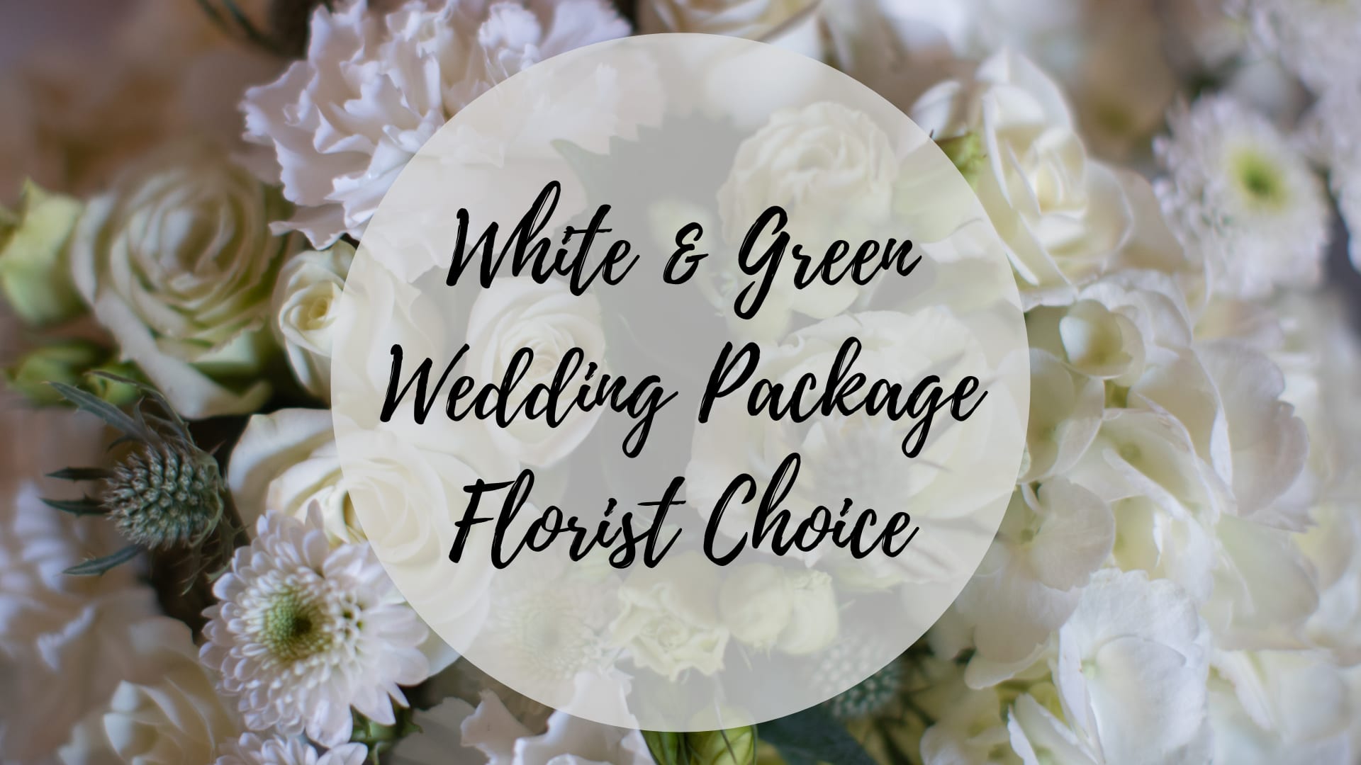White floral wedding package text over a background of white flowers
