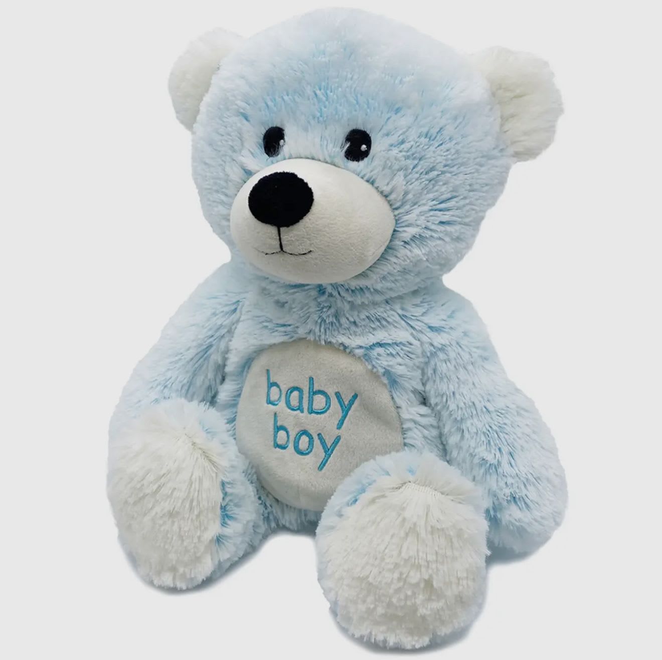 Light blue teddy bear plush with "baby boy" on its belly