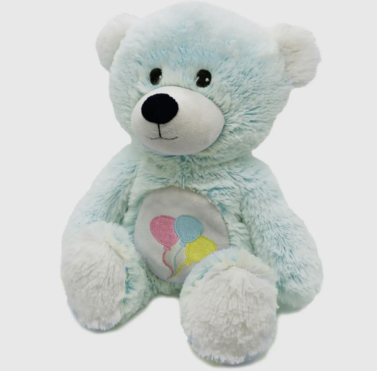 Light blue teddy bear plush with balloon embroidery