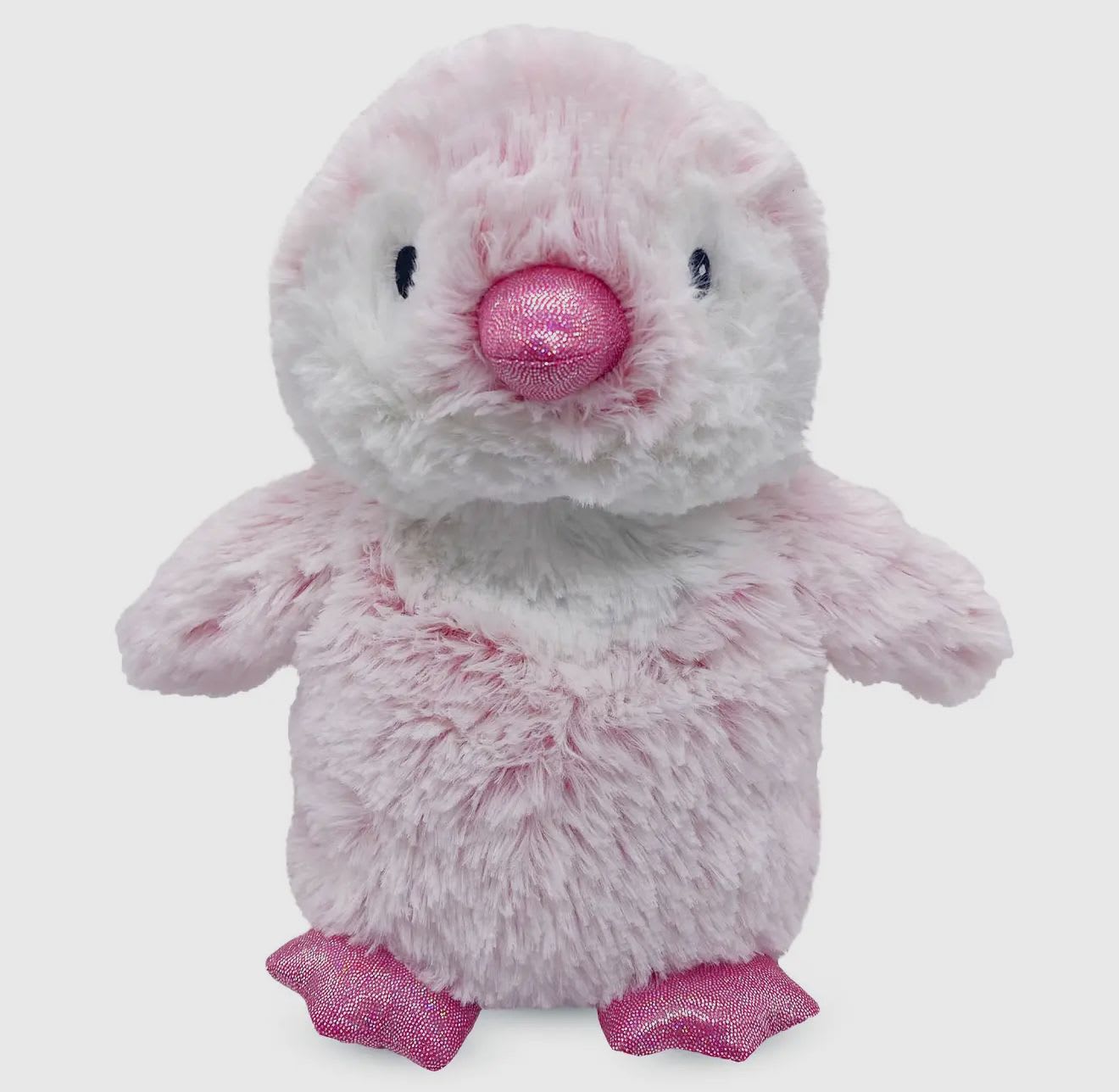 Pink plush penguin toy with sparkly beak and feet