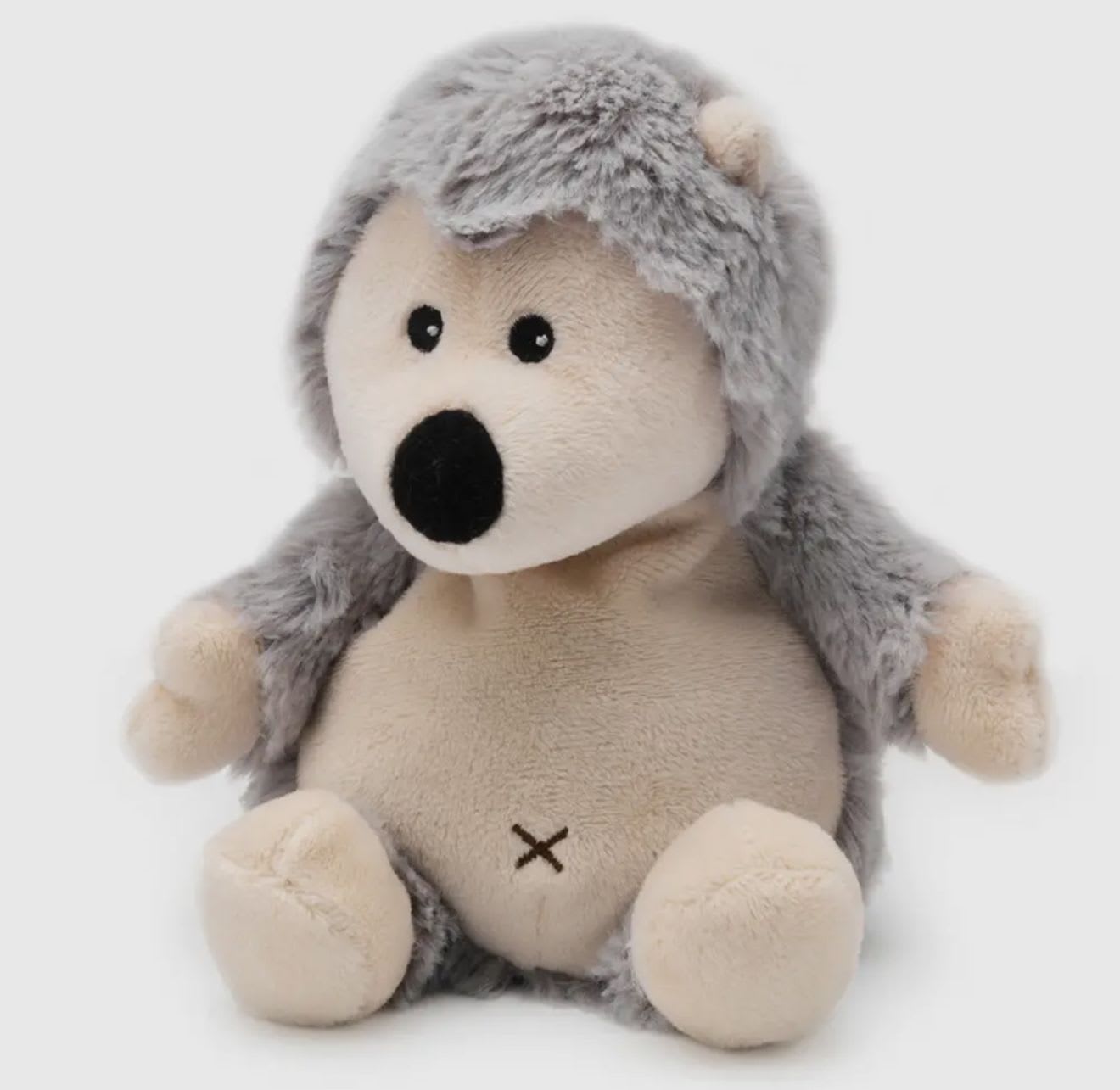 Gray and beige plush hedgehog stuffed animal sitting upright