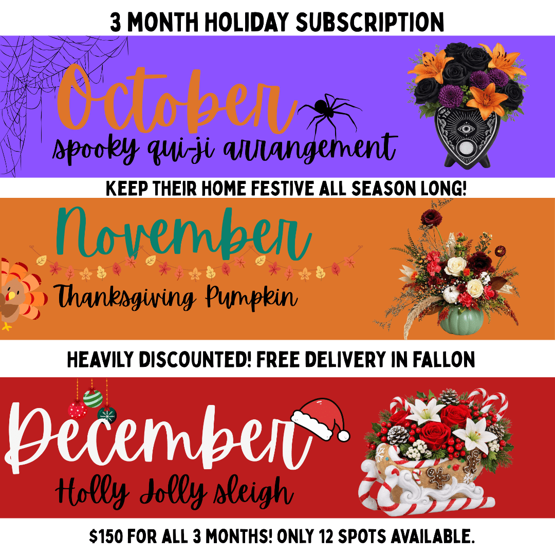 Holiday subscription ad with Halloween, Thanksgiving, and Christmas floral arrangements