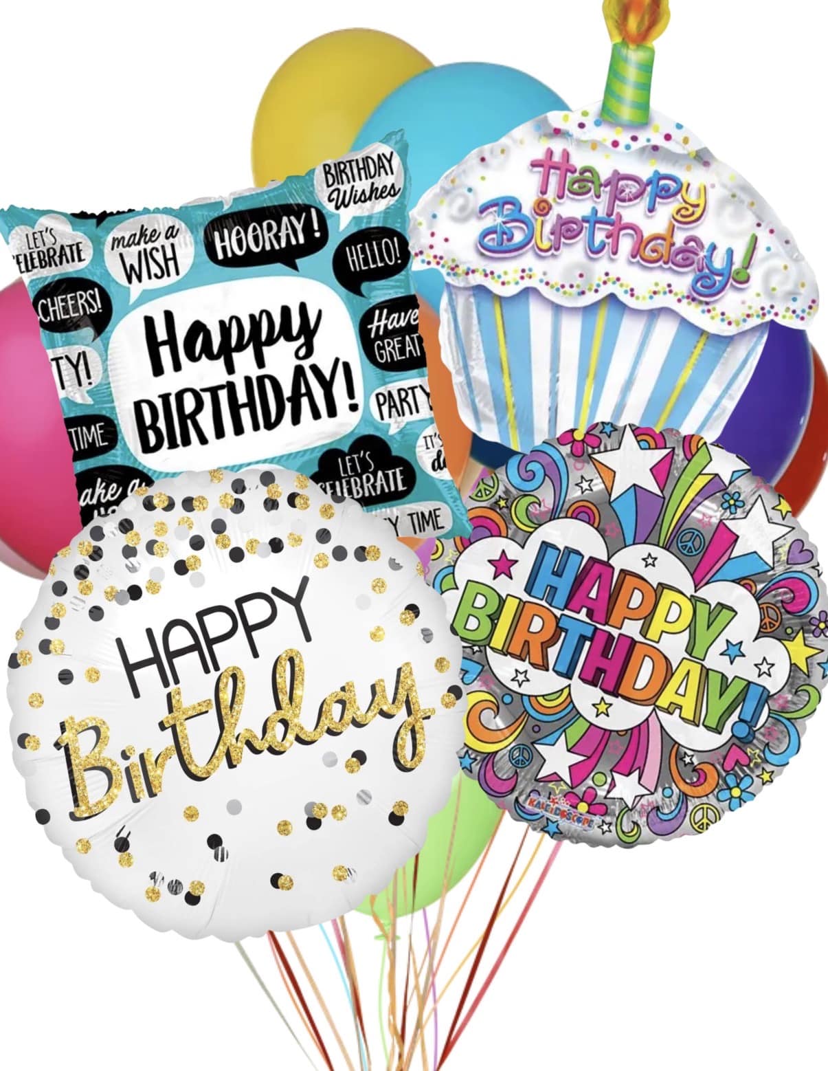 Birthday balloons with colorful printed messages and confetti designs