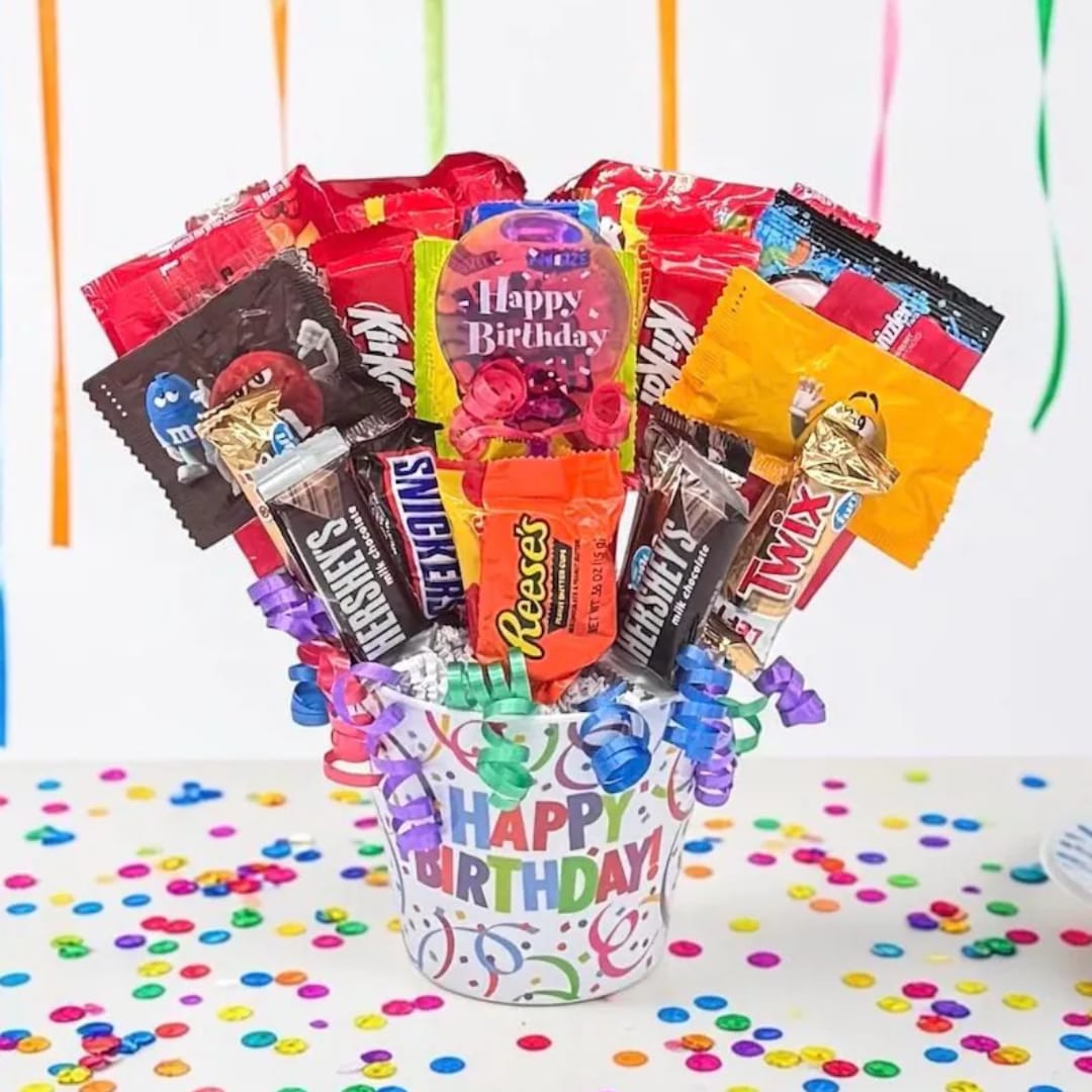 Birthday candy bouquet in a decorated paper pot