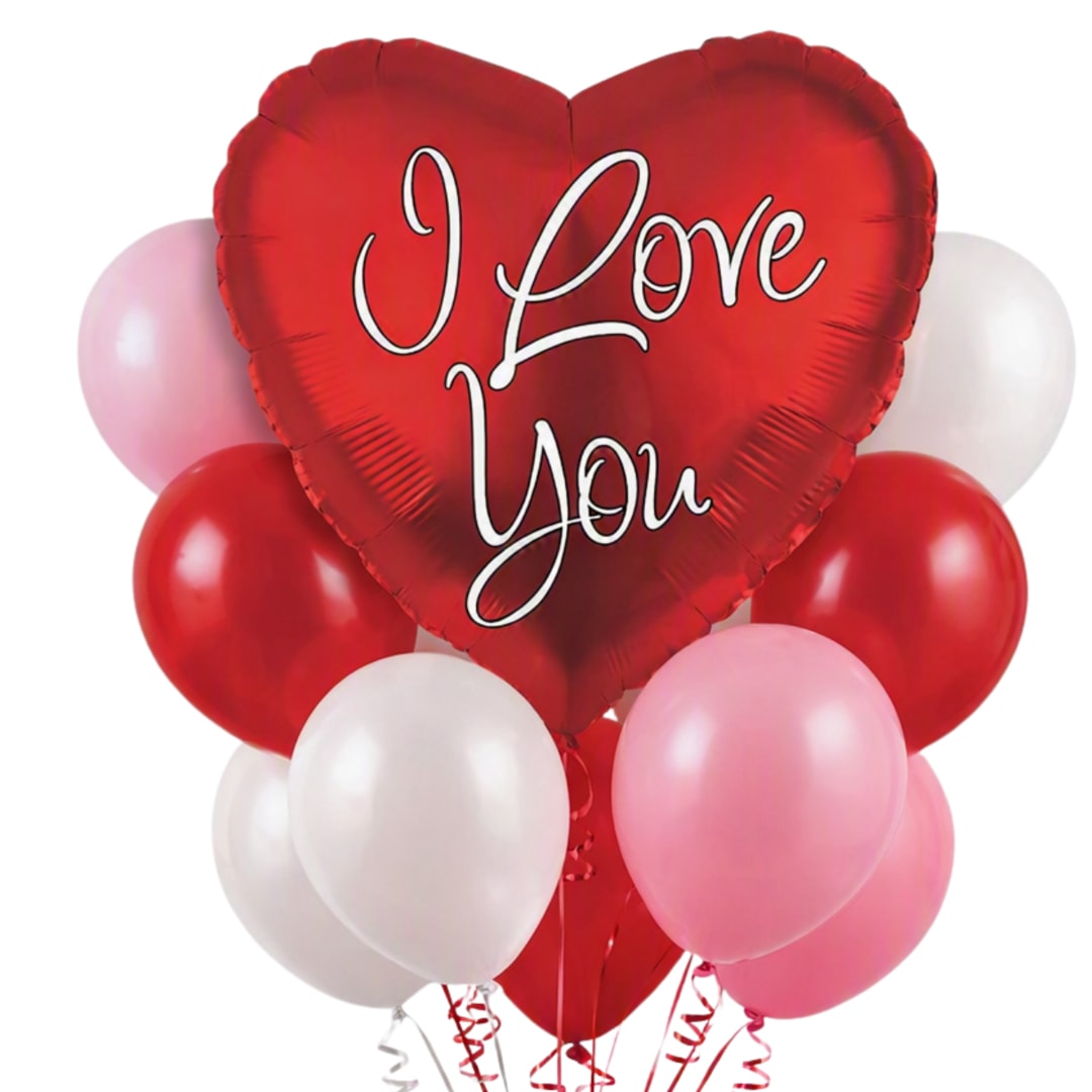 Heart-shaped red balloon with "I Love You" text, surrounded by pink, white, and red balloons