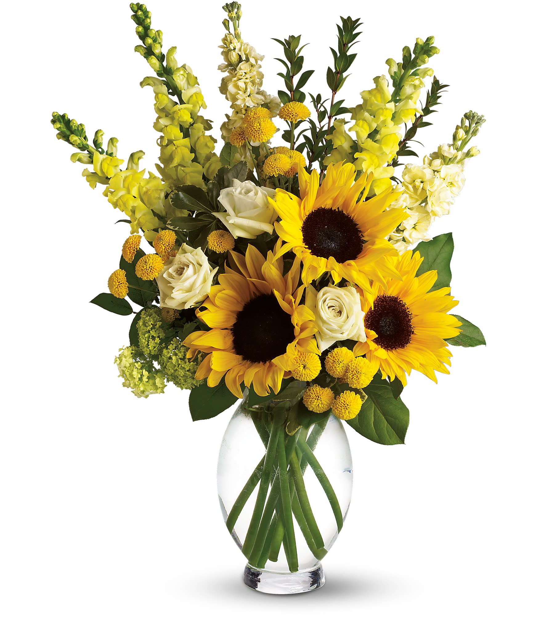 Sunflowers and white roses in a clear glass vase