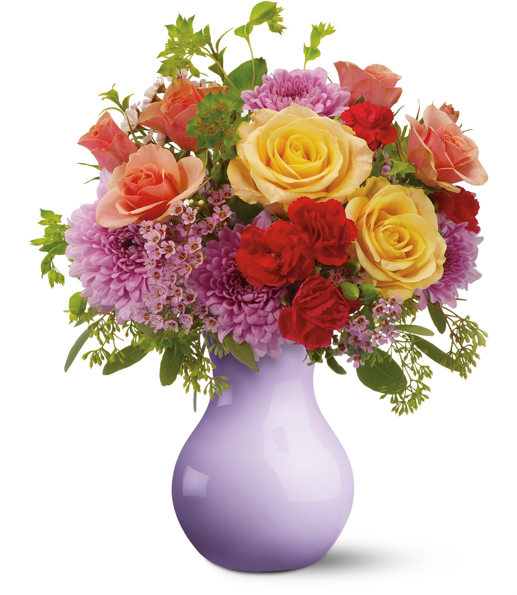  Stratford Gardens - For a gift that's reminiscent of a stroll through the English countryside, send this stunning mix of pink and peach roses mingled with cool lavender chrysanthemums, arranged in a misty lavender vase. It's as charming as a cottage garden. 