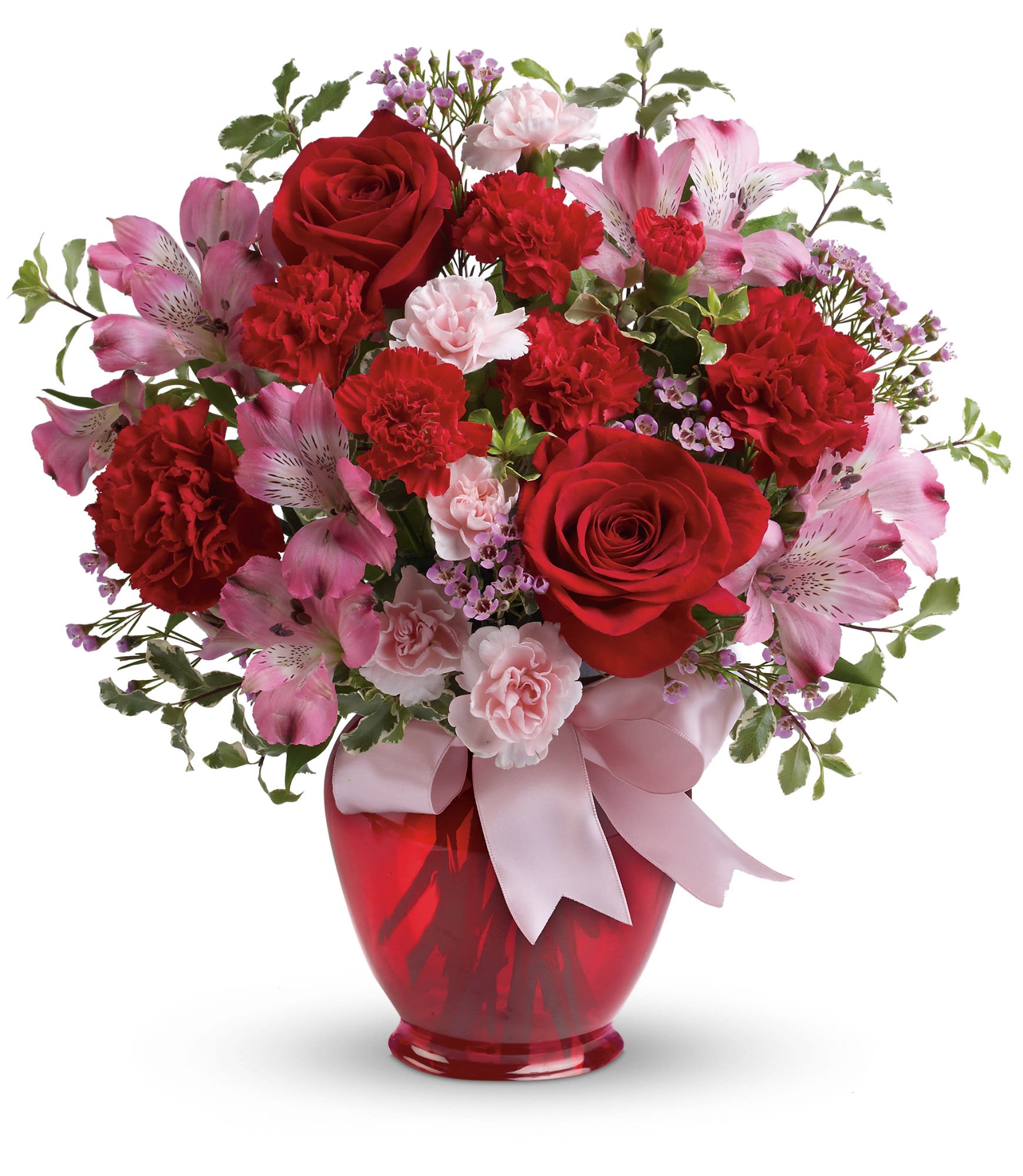 Blissfully Yours Bouquet - Spread the love! It's true bliss receiving a gift as lovely as this: gorgeous red roses and delicate pink alstroemeria, lovingly arranged in a keepsake Ginger jar. All tied up with a pretty pink bow, it's a surprise she'll adore now and forever! 