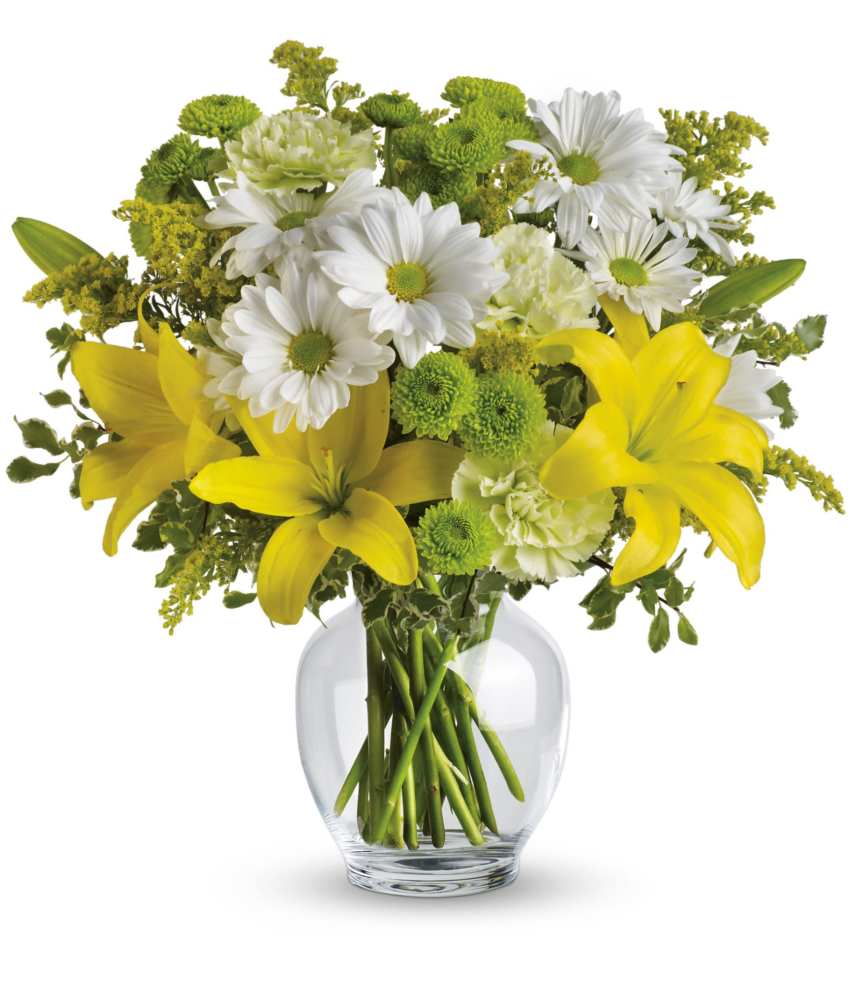  Brightly Blooming - Let the sunshine in with this bevy of bright blooms - yellow lilies, green carnations and other sunny favorites beautifully arranged in a classic ginger jar. Perfect for birthday, get well, thank you - or just to say "Hi!" They'll love it. 