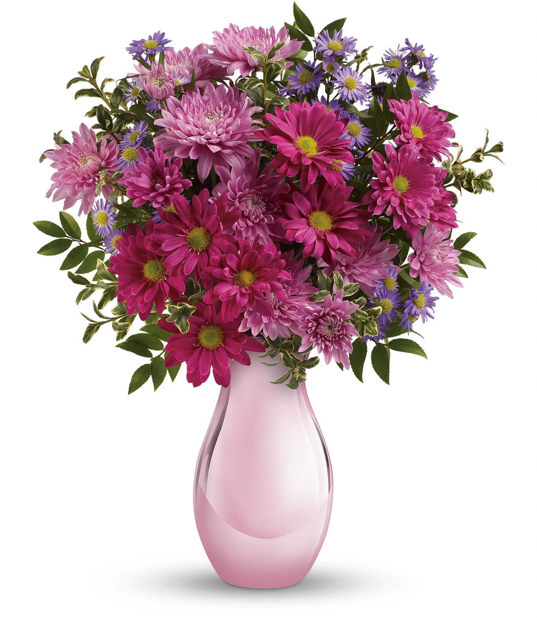 Time Together Bouquet - Simply sweet, this charming bouquet of asters and chrysanthemums is accented with a shimmering pink keepsake vase she'll always treasure. 
