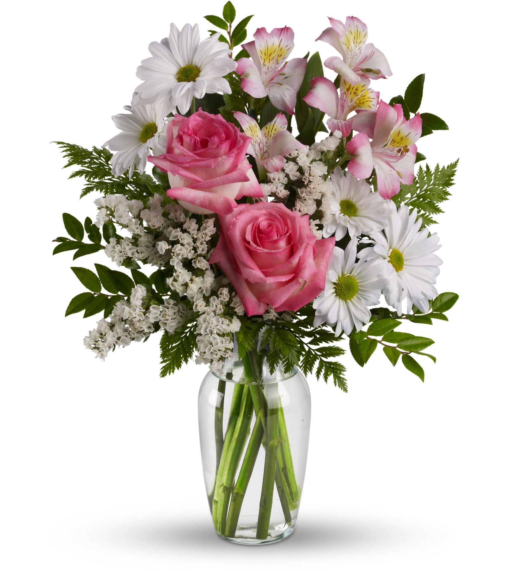 What a Treat Bouquet with Roses - This lovely bouquet of pink roses, pink alstroemeria and white mums in a sparkling clear glass vase is truly a feast for the eyes. It is an inspired choice for brightening a birthday, anniversary or any special occasion. They'll think it's ahhh-some. 
