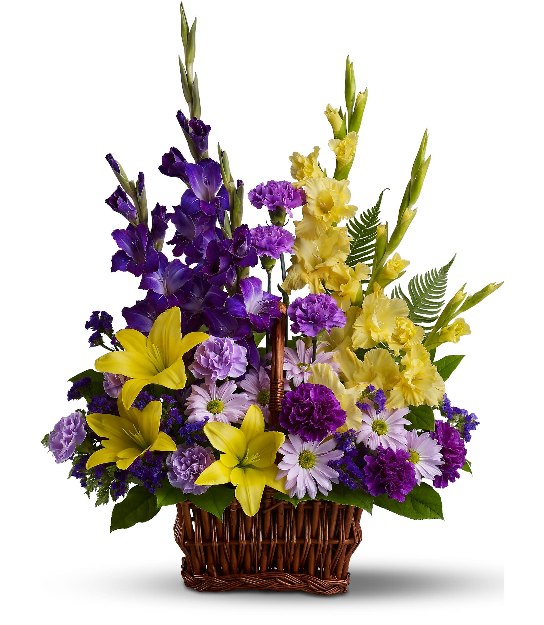 Basket arrangement of yellow lilies, purple gladiolus, and lavender daisies