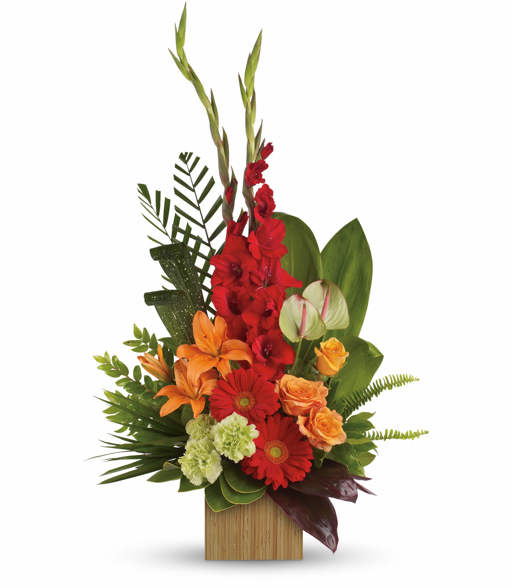 Heart's Companion Bouquet  - A reminder of the joy of life, this stunning arrangement of orange and red floral favorites in a stylish bamboo cube is a gift that will be loved - and remembered. 