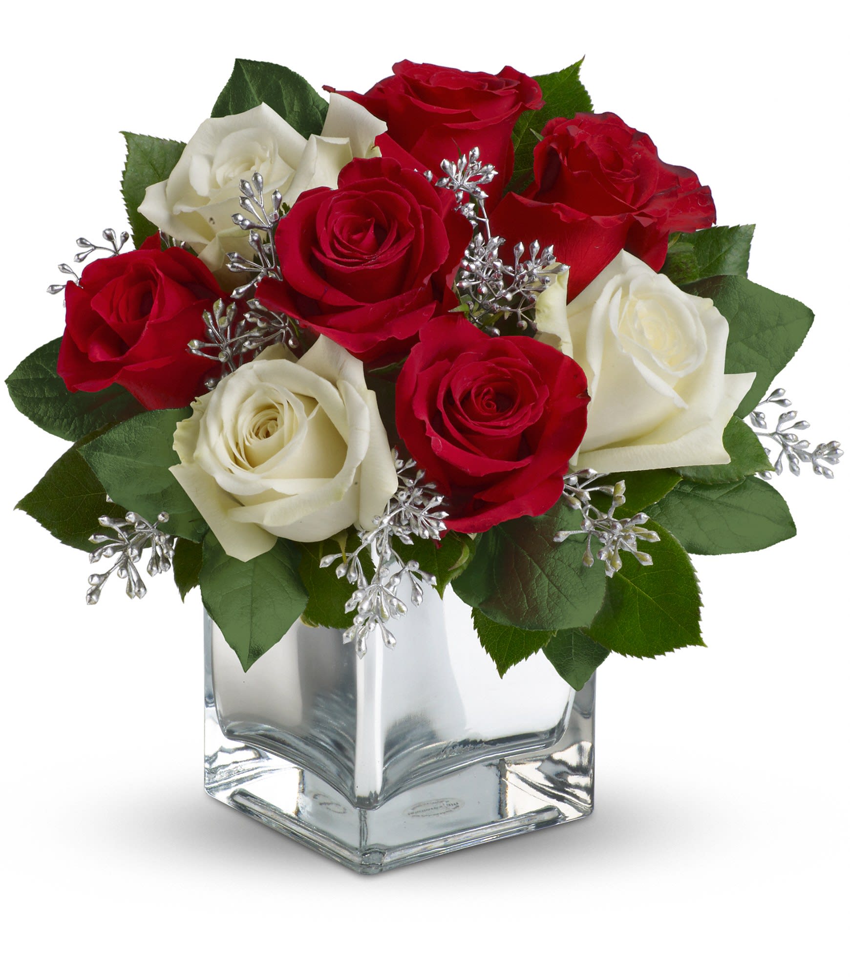 precious love bouquet - Exciting bouquet of red and white roses in a dazzling mirrored cube is guaranteed to make spirits brighter. Simple, stylish, The delightful bouquet features red roses and white roses accented with assorted greenery.  Approximately 11" W x 10 3/4" H    