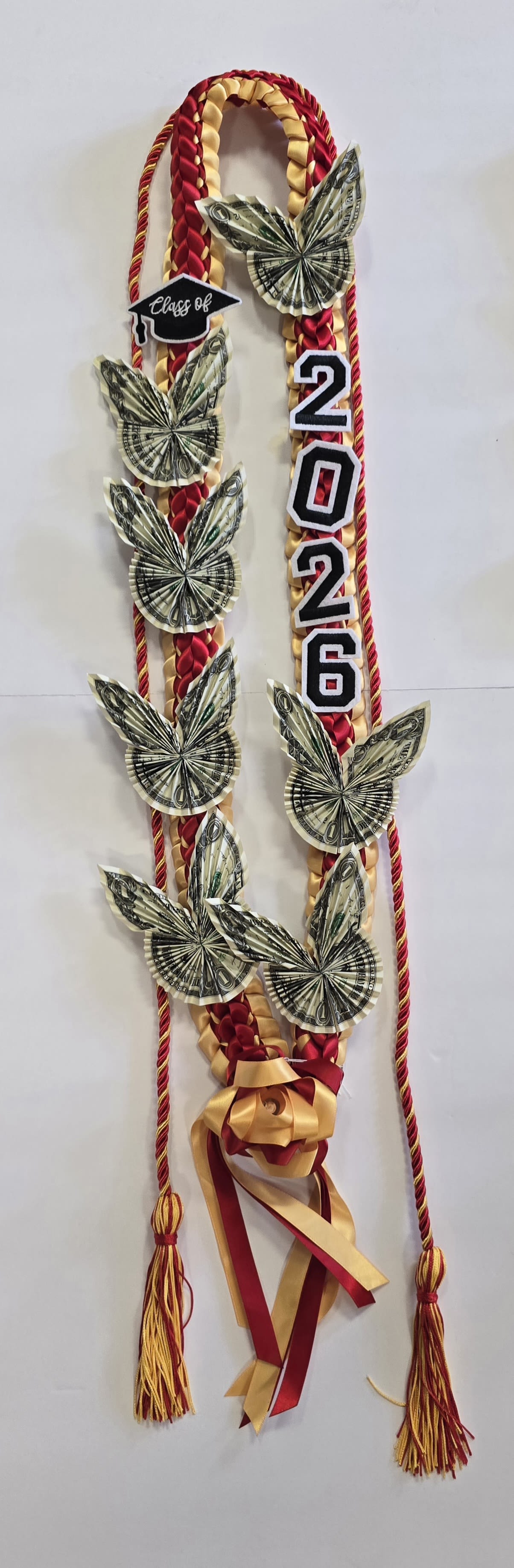 Burgundy &amp; Yellw 2026 Butterfly Money Lei #31 - (14- $1 DOLLAR BILLS ) THESE ARE REAL MONEY ON THE LEI, THERE IS NO RETURN  AND NO REFUND. ALL SALES ARE FINAL ON THESE LEI. WE HAVE MANY COLORS AVAILABLE, PLEASE CALL FOR MORE INFORMATIONS