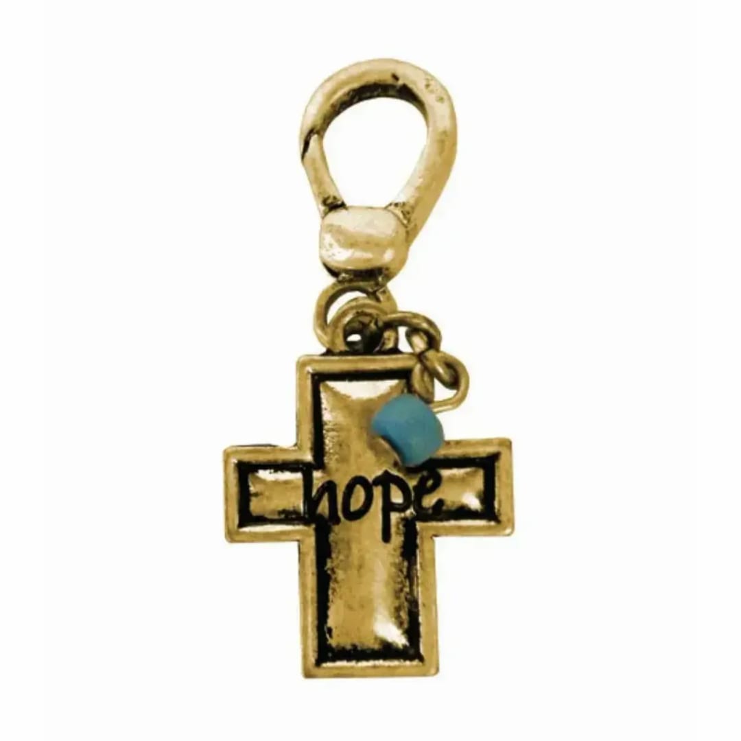 Gold cross charm with the word hope and a blue bead