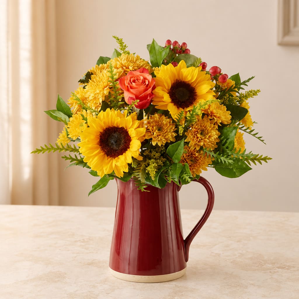 Sunflower and chrysanthemum bouquet in a red ceramic pitcher vase