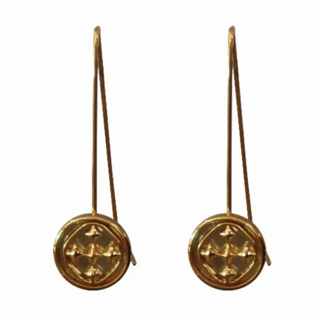 Pair of gold button-style earrings with long hooks
