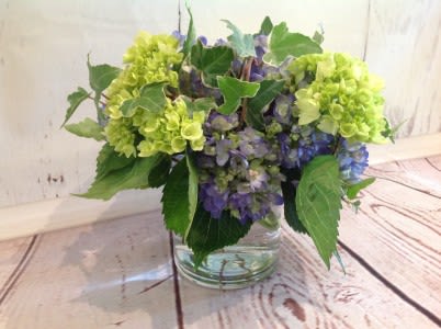 Low arrangement of green and purple hydrangeas in a clear glass cylinder vase
