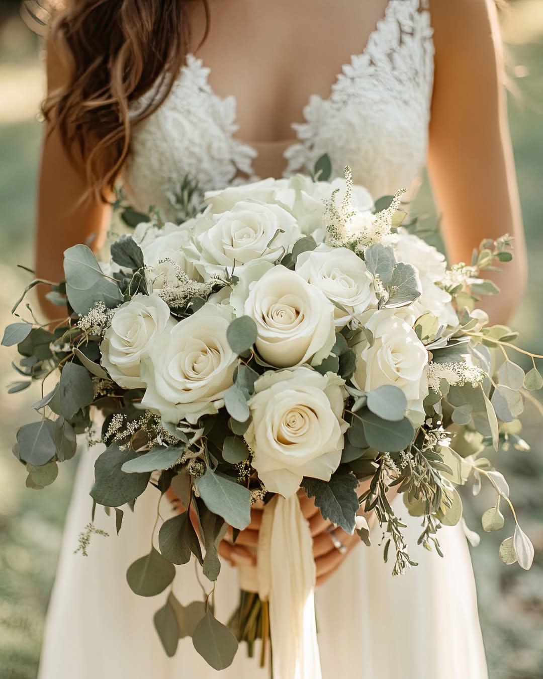 Bride holding a bouquet of white roses and eucalyptus