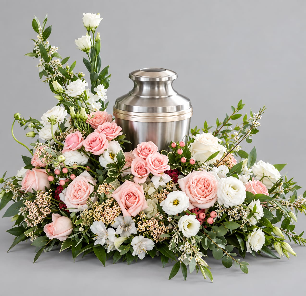Pink and white floral arrangement around a silver urn