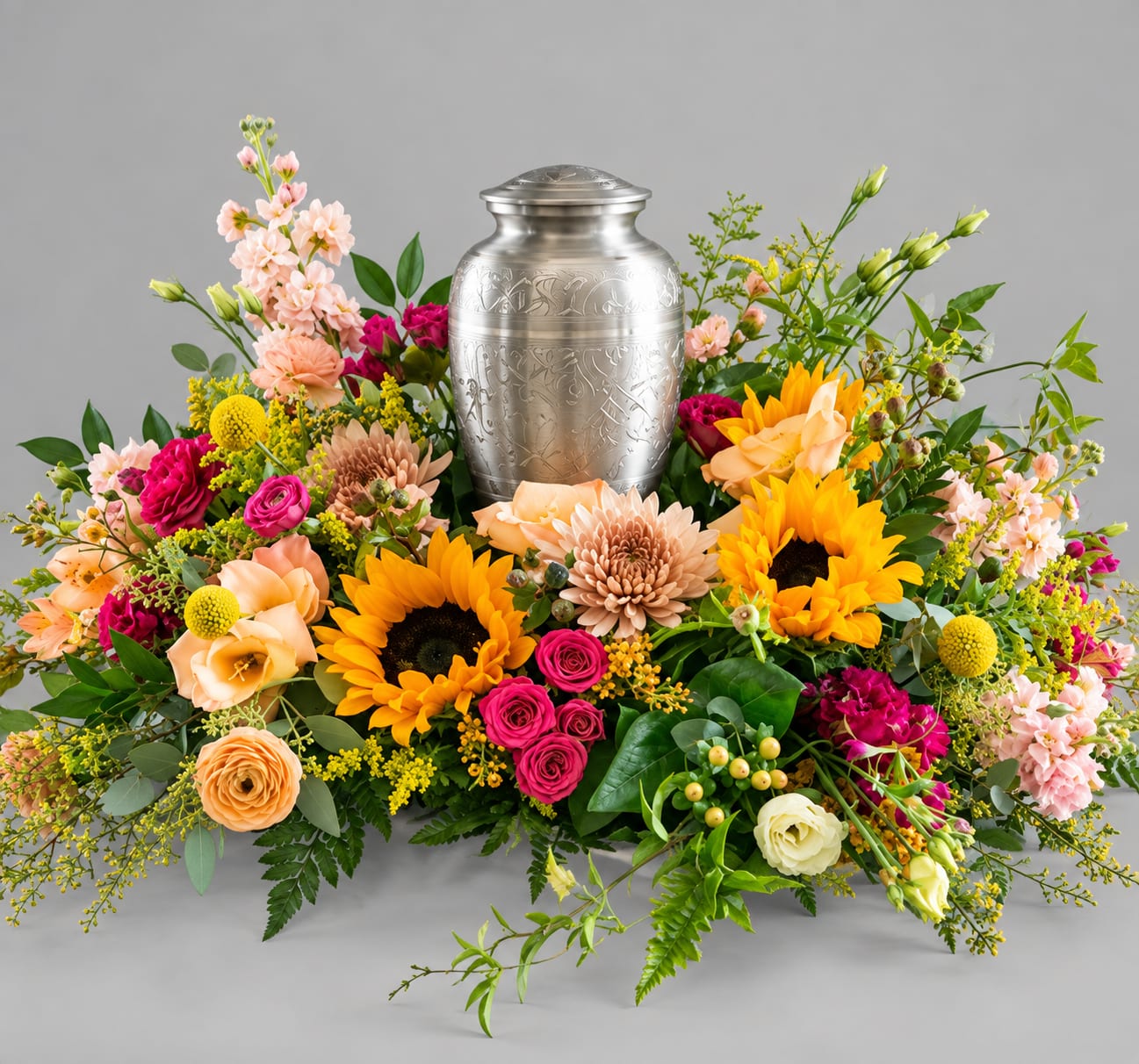 Colorful floral urn arrangement with sunflowers and roses around a silver urn