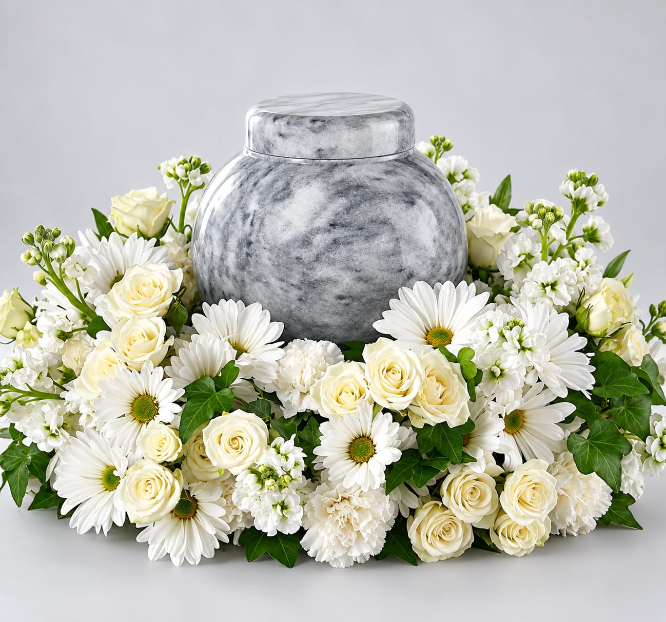 White roses and daisies arranged around a gray urn