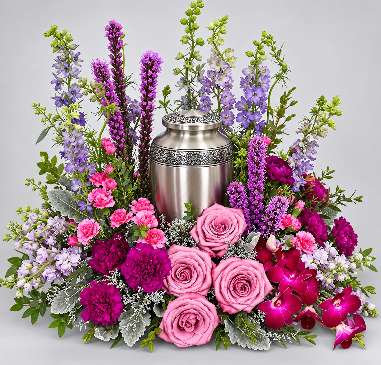 Pink roses and purple flowers arranged around a silver urn
