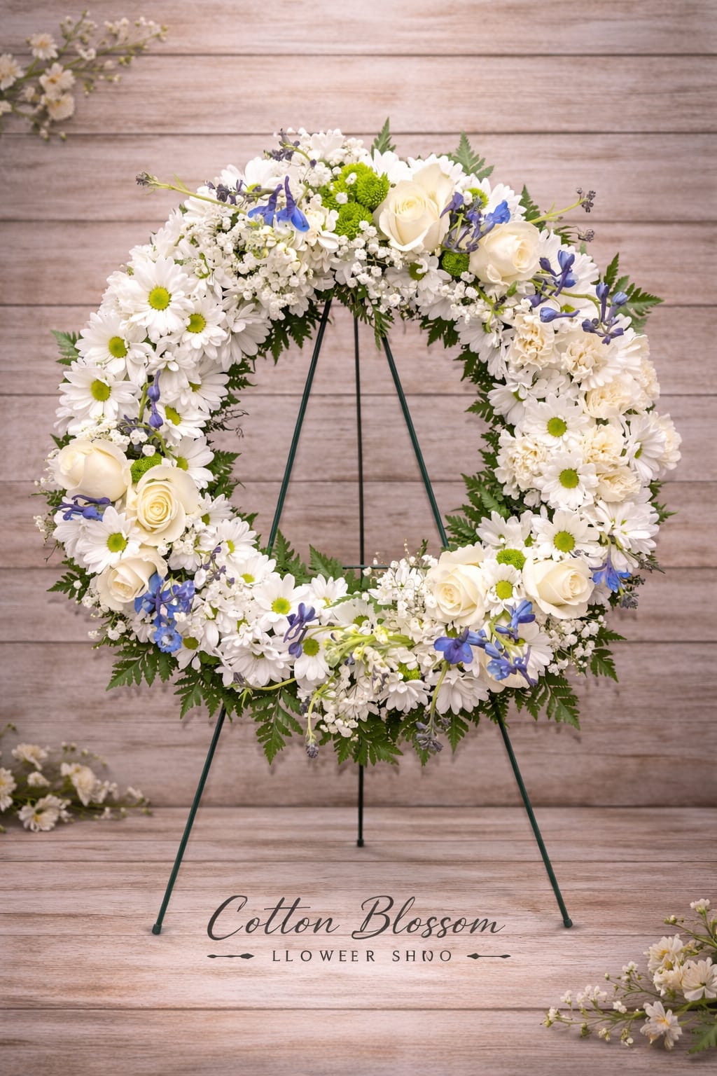 White floral wreath with cream roses and blue accents on a stand