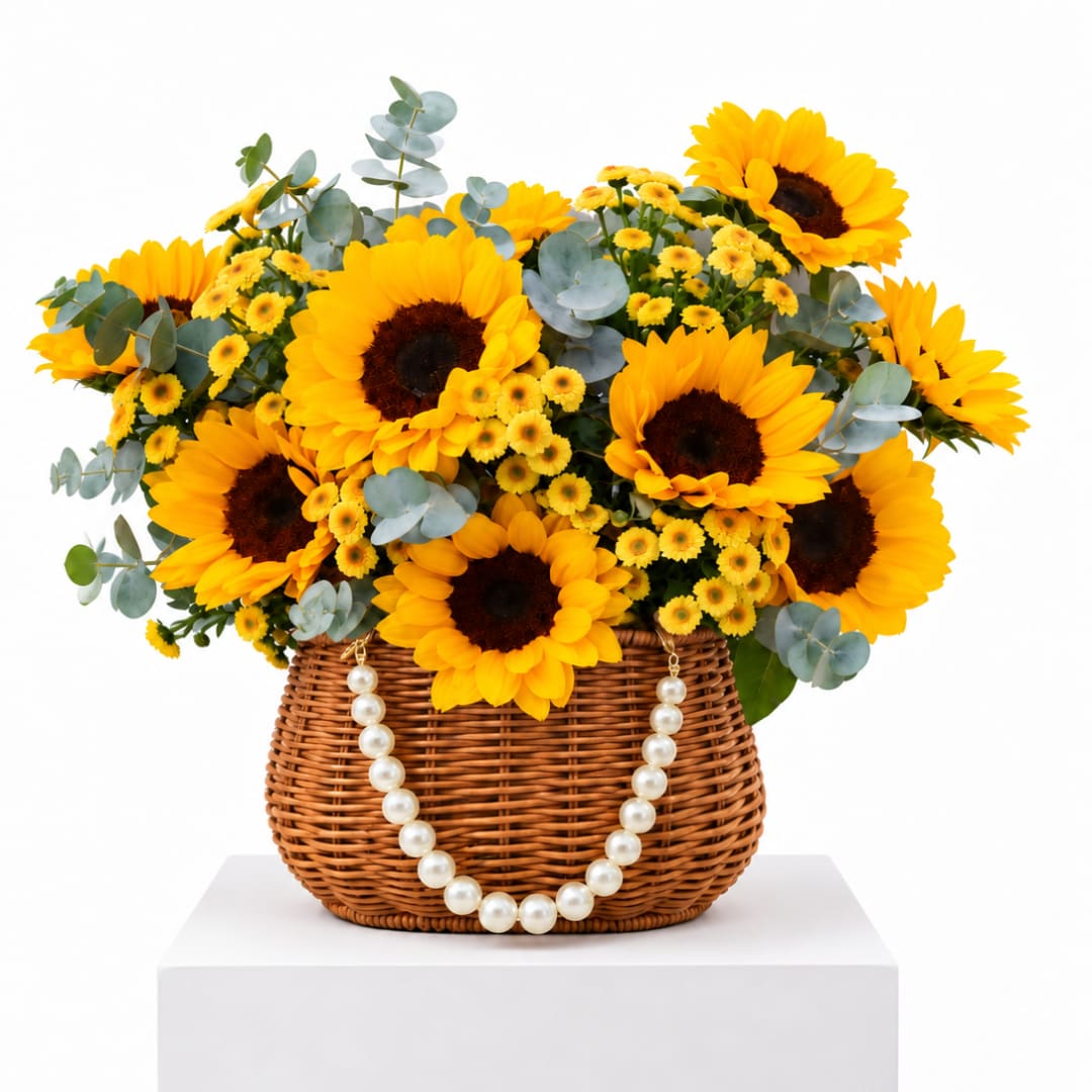 Sunflower arrangement in a wicker basket with pearl garland