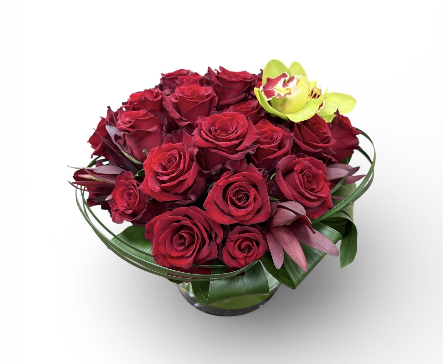 French Noir  - Two dozen premium red roses arranged in a tight pavé design. A modern, minimal arrangement inspired by the understated elegance of Paris.