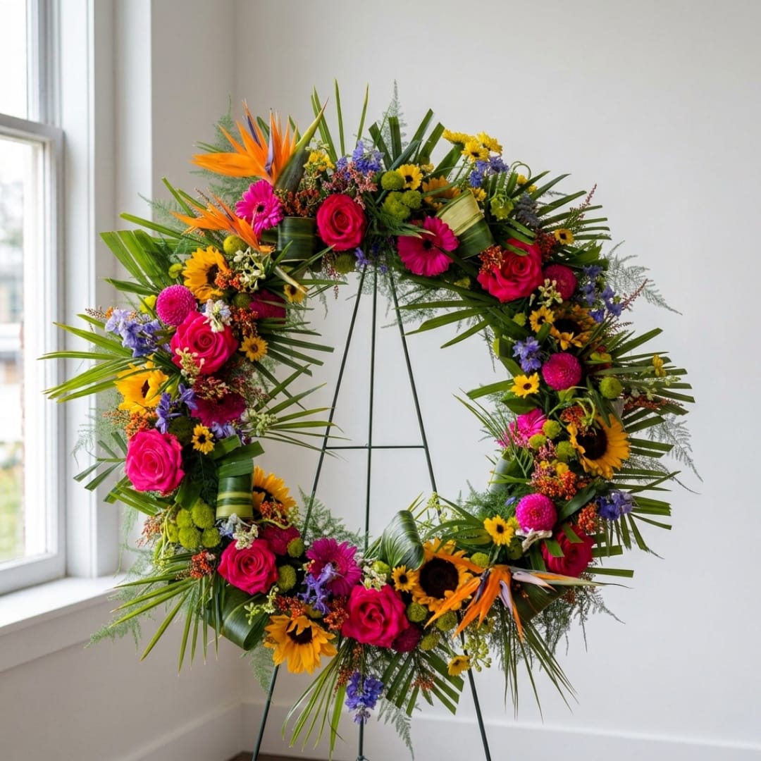 Colorful floral wreath on a stand with roses, sunflowers, and tropical leaves