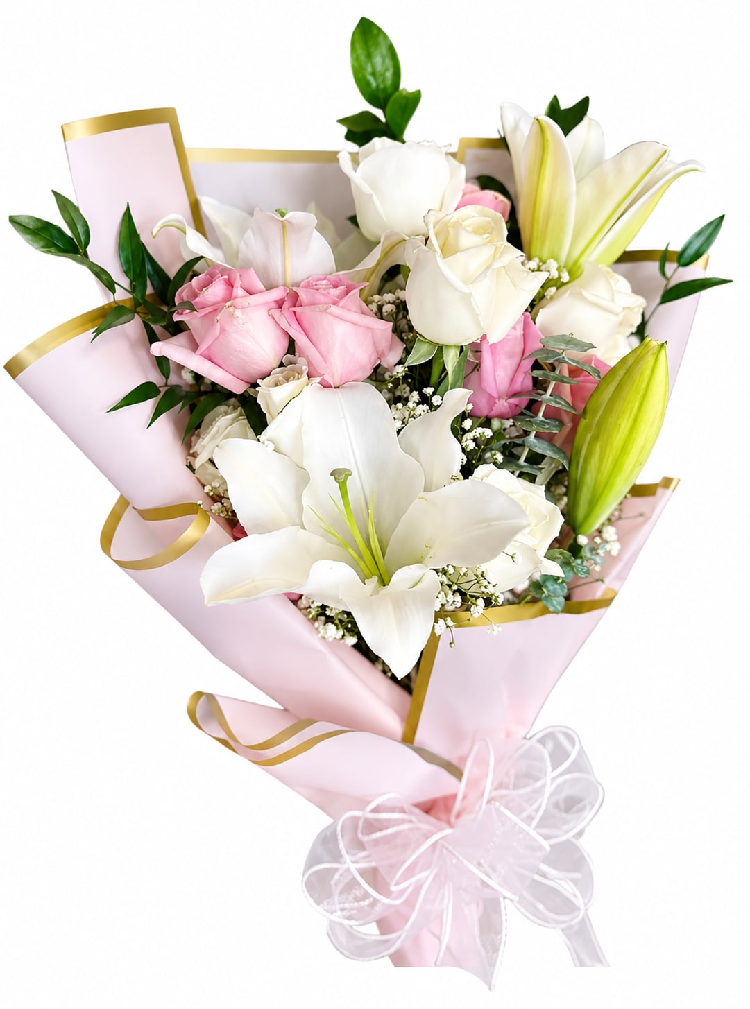 Pink and white bouquet with lilies and roses wrapped in pink paper