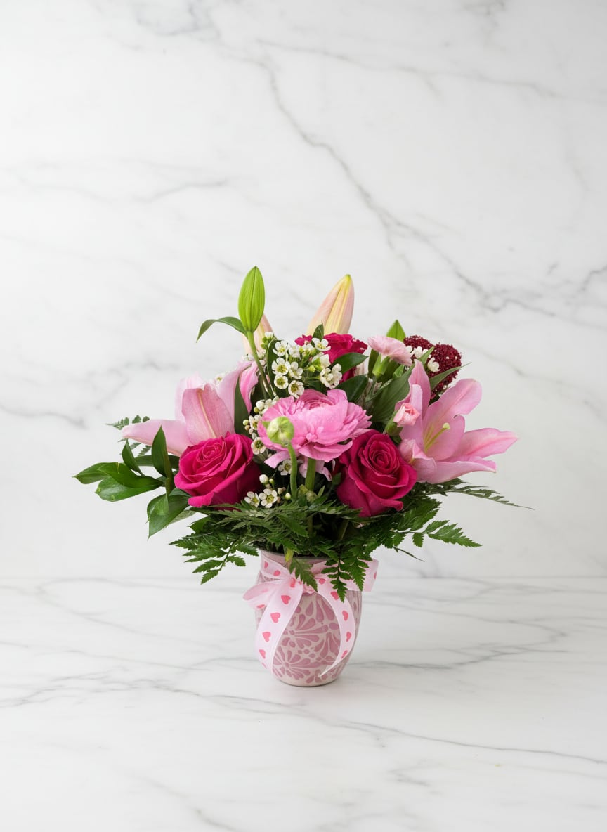 Pink roses, lilies, and daisy-style blooms in a pink patterned vase with a heart ribbon