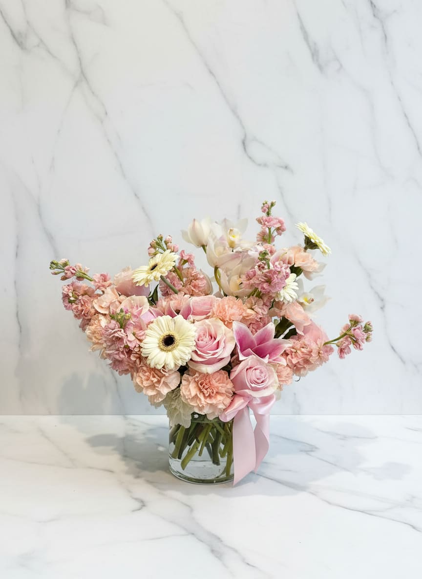 Peach Cymbidium Vase - A delicate vase arrangement featuring a peach and white mini cymbidium orchid, accented with peach roses, blush pink roses, carnations, and white gerbera daisies. Soft, fresh, and effortlessly elegant.