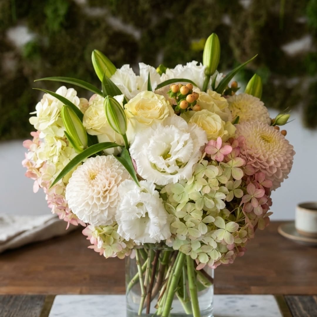Cream and blush flower bouquet in a clear glass vase