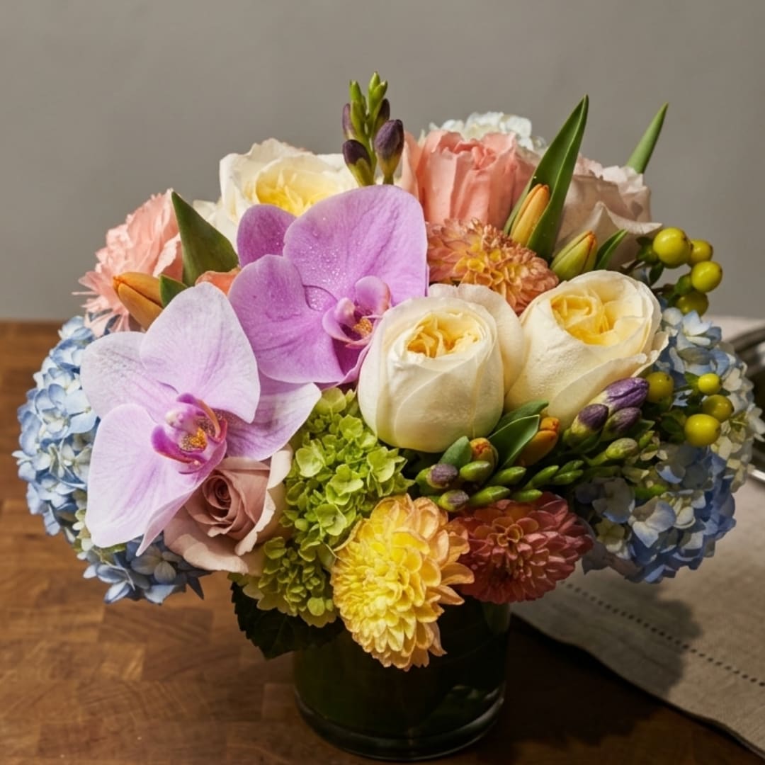 Mixed bouquet with orchids, roses, hydrangeas, and dahlias in a glass vase