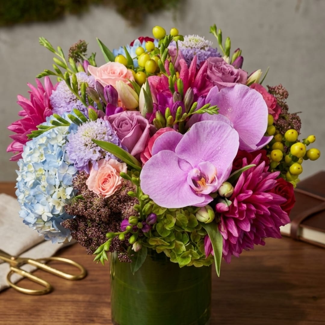 Mixed bouquet of pink, purple, and blue flowers in a green vase