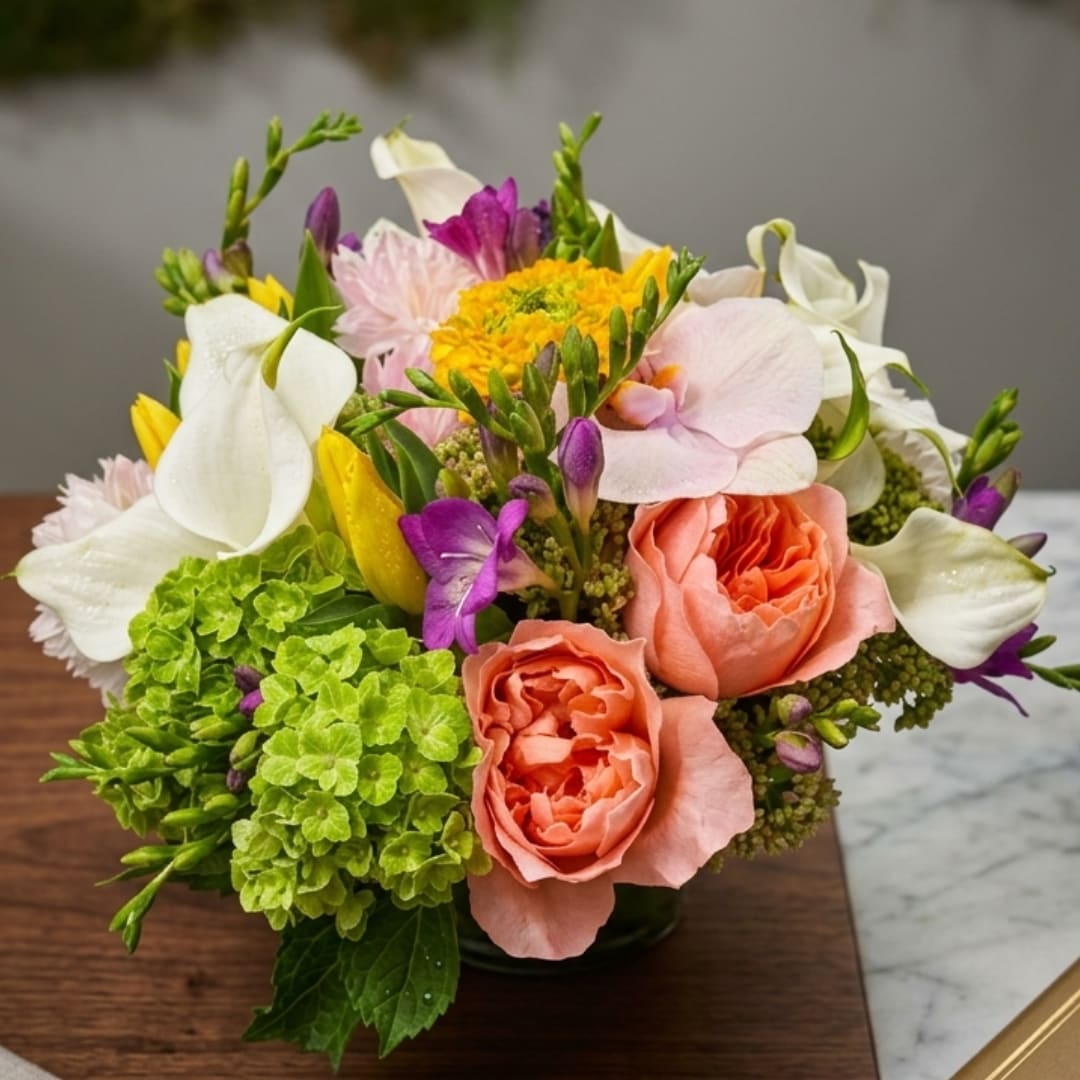 Mixed bouquet with white calla lilies, peach roses, and purple flowers in a low vase