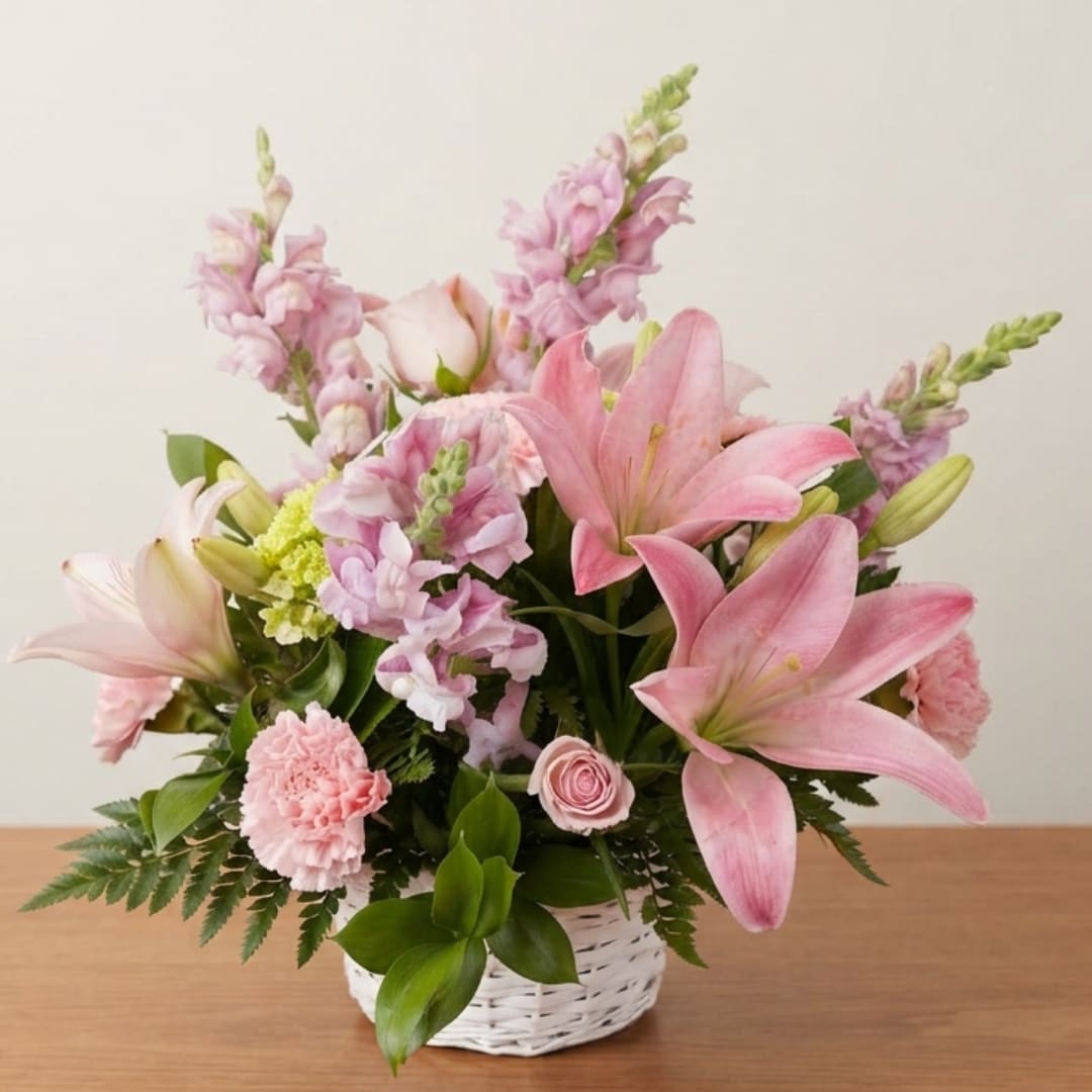 Pink lilies and mixed pastel flowers arranged in a white basket