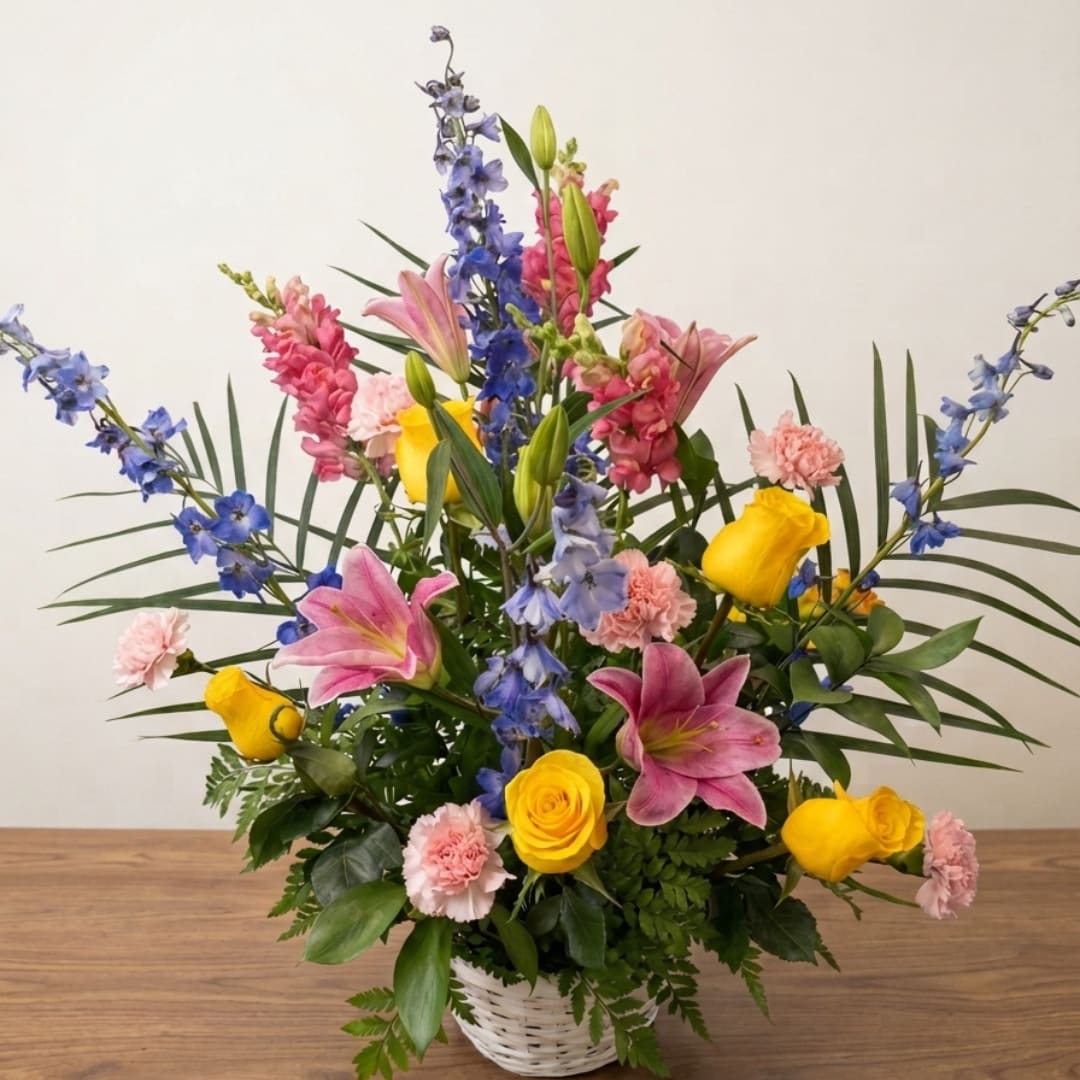 Colorful mixed flower arrangement in a white basket with lilies, roses, and blue spikes